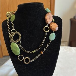 Green and Brown Bohemian Necklace with Asymmetrical Design